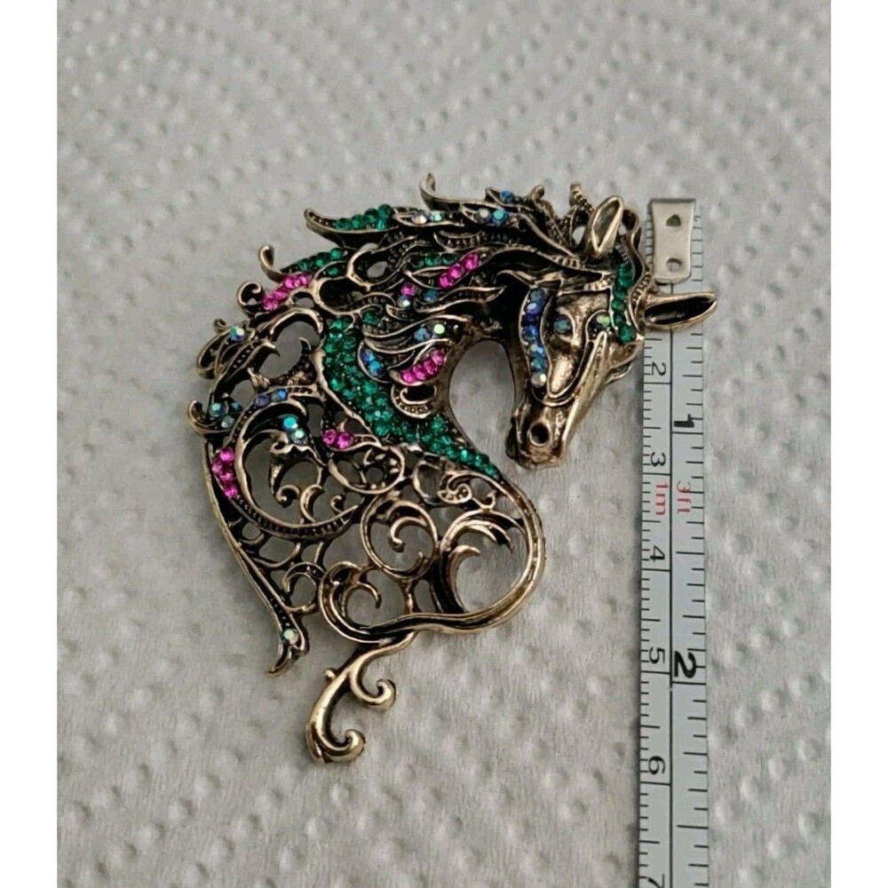 Gold Tone Filagree And Rhinestone Horse Head Brooch - Picture 2 of 4